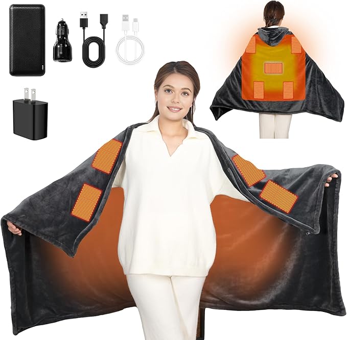 Cordless Heated Blanket with Hood, USB Battery Powered Heated Wearable Blanket with 9 Heating Zones, 20000 mAh Power Bank, 3 Levels, Portable Heated Throw Blanket, Heated Shawl