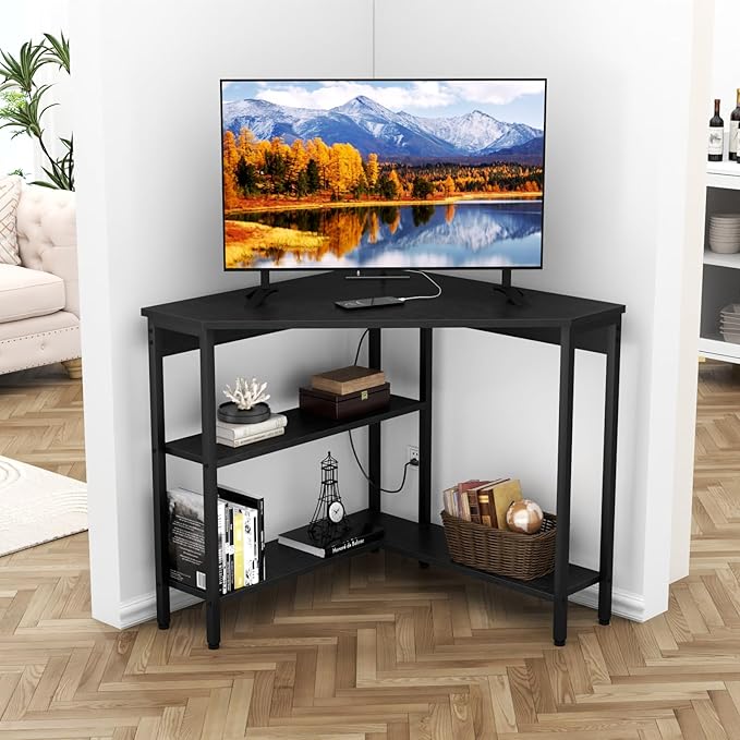 Auromie Corner Desk with Outlets & USB Ports, 90 Degree Triangle Corner Table with CPU Stand & Storage Shelves for Small Space, Computer Table with Charging Station for Home Office Bedroom (Black)