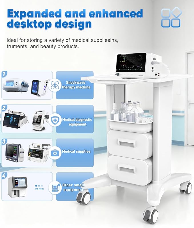 Medical Trolley Cart with Drawers, Hospital Mobile Ultrasound Cart with Trays&4 Silent Swivel Wheels,220 LBS Load Portable Storage Drawer for Hospital, Dental Clinic,Beauty Salon (White/Double drawer)