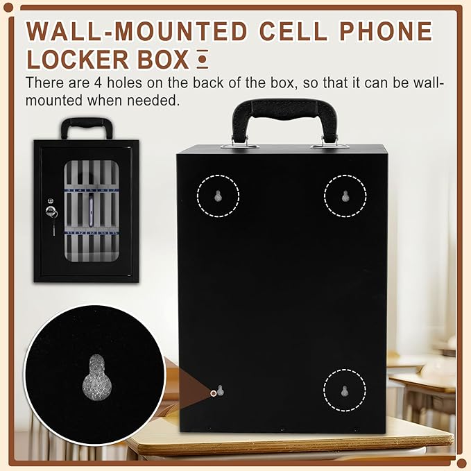Cell Phone Locker Box, Thickened Steel Cell Phone Storage Cabinet 24 Slots Wall-Mounted Cell Phone Lock Box for School, Company