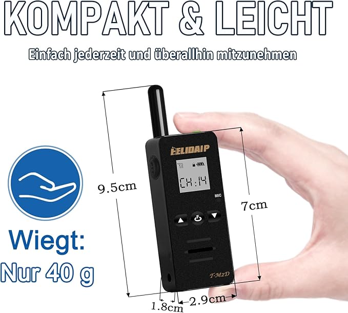 M2D Super Mini Walkie Talkies,Portable Two Way Radios with Earpiece,LCD Display,Rechargeable WakieTalkies for Restaurant,Supermarket,Hospital,Indoor,Outdoor,Business,Hiking,Skiing,Black 2 Pack