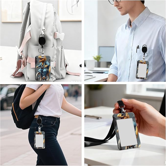 ID Badge Holder with Retractable Lanyard for Women & Men,Vertical ID Card Holder Wallet,Clear Window&Card Slot,Detachable Neck Strap for Nurse Teacher Office,T-Rex Biking Beach