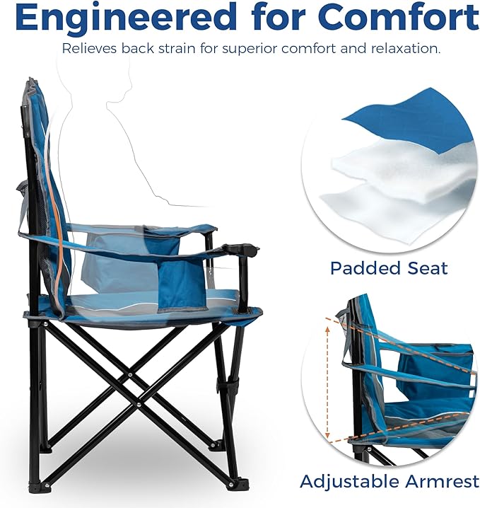 Oversized Padded Camping Chair, Heavy-Duty Steel Frame for 450 lbs Supports, Convenient 6-Can Cooler, Portable Carry Bag, Perfect for Outdoor, Beach, and Hiking (Blue & Gray)