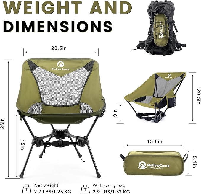 MellowCamp Camping Chair, Ultralight Folding Backpacking Hiking Chair, Compact Portable for Hiking, Camping, Backpacking, Beach, Roadtrip (Olive Green)