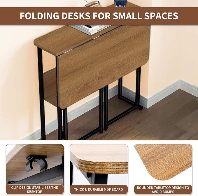 Mobile Foldable Desk w/ 6 Wheels,Portable Rolling Small Computer Desk w/Storage Shelves, Folding desks for Small Spaces, Computer Table for Home Office Bedroom Living Room-Brown