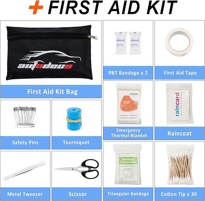 AUTODECO 98 PCS Roadside Car Emergency Assistance Kit with Portable Air Compressor Jumper Cables Safety Hammer All in One Pliers Tool Set（Orange）