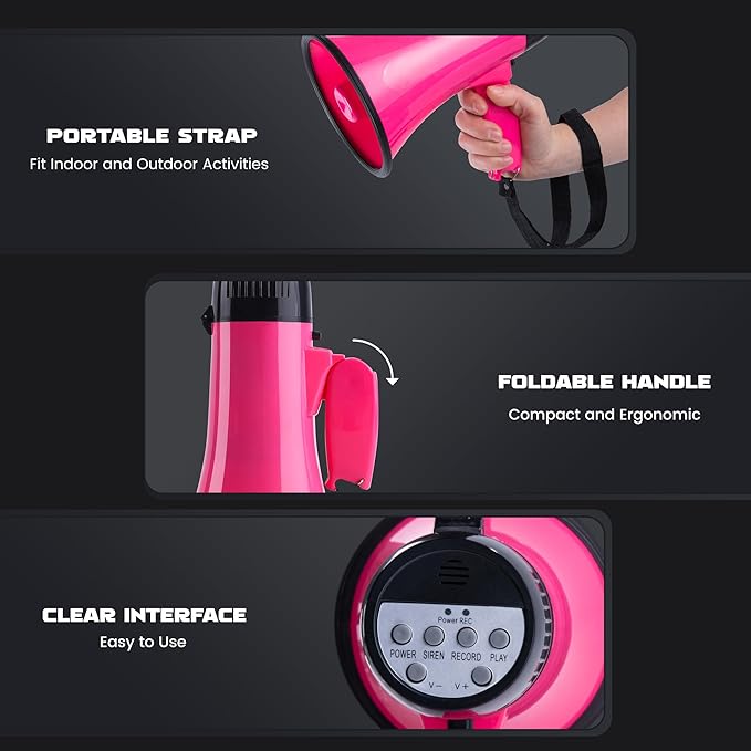 MyMealivos Portable Megaphone Bullhorn 20 Watt Power Megaphone Speaker Voice and Siren/Alarm Modes with Volume Control and Strap (Deeppink)…