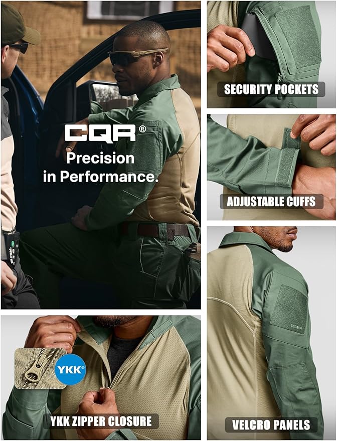 CQR Men's Combat Shirt Tactical 1/4 Zip Long Sleeve Military BDU Shirts Camo EDC Top with Pockets