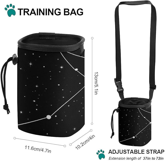 Fashion Dog Training Package, Portable Travel Pet Carrier Bag, Puppy Snack Pocket with Adjustable Waist Belt 3 Ways to Wear Zodiac Constellation Galaxy Black Starry Night Stars Glow Dark Midnight