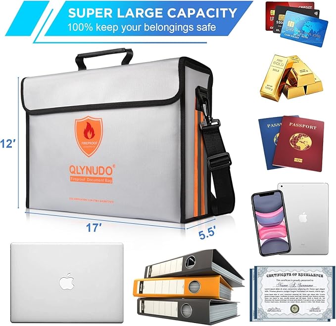 Fireproof Document Bag with TSA Lock - 17x12x5.5" Extra Large Fireproof Box for Documents, Reinforced Bottom File Organizer for 3-Ring Binders, Waterproof Emergency Grab-and-Go Home Safe