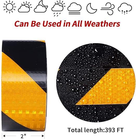 Reflective Tape, Waterproof Self Adhesive Dot Reflective Tape Outdoor Safety Caution Reflector for Trailers, Bikes, Cars（Yellow/Black, 2 Inch x 32.8 Feet）