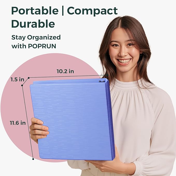 POPRUN 3 D Ring Binder 1 Inch, PVC-Free, Holds 225 Sheets of 8.5 x 11 Paper, Extra Durable Organizer with 2 Pockets for School & Office, Heavy-Duty, 4 Pack, Cornflower Purple