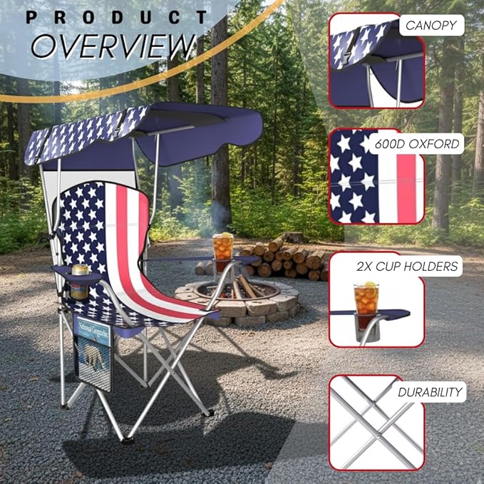 Portable Folding Camping Chairs with Canopy Shade, Beach Chair for Adults, Durable Weather Resistant 600D Oxford Cloth, Camping Chair with Canopy for Outdoors [Flag-2 Pack]