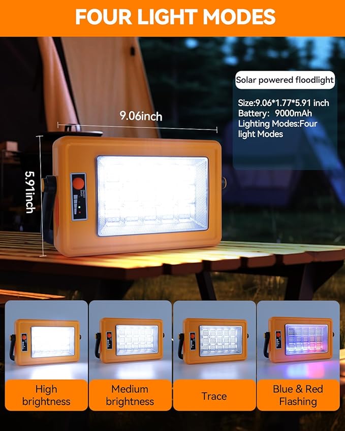 Multifunction 150W Solar Rechargeable Work Light 135 LED Portable Flood Light with Stand 4 Modes LED Waterproof Job Site for Car Repair Fishing Camping Mechanic 1 Pack