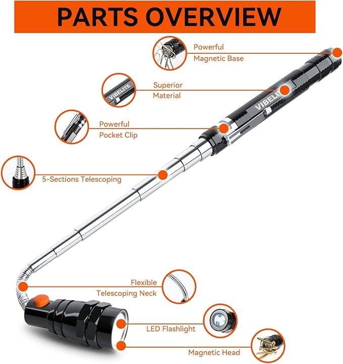 Gifts for Dad, Magnetic Pickup Tool with LED, Telescoping Magnet Flashlight, Cool Gadgets Stocking Stuffers for Teen Boys, Christmas Gifts for Men, Husband, Handyman, Boyfriend, Him, Dad, Black
