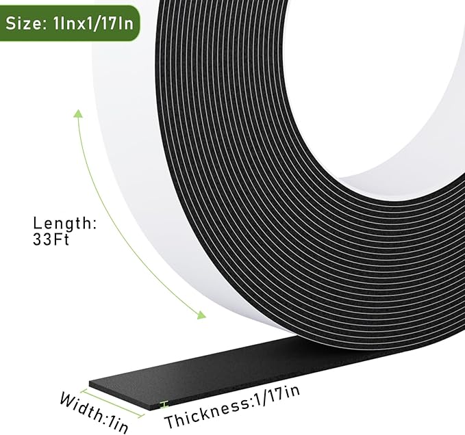 Black Foam Weather Stripping Door Seal,1 Inch Wide X 1/17Inch Thick,Foam Insulation Tape,Air Conditioner Window Seal,Door soundproofing,Total 33 Feet Long
