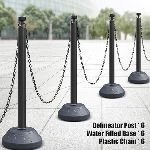 6-Set Pack 40" inch Black Work Zone Chain Post Set, Traffic Queue Delineator Post Cones, 6 x 6.6' Feet Plastic Chains, Portable Crowd Control Stanchions Set (Black-Water Filled Base)