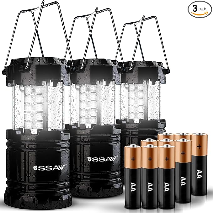 3 Pack LED Camping Lantern, LED Lanterns, Suitable Survival Kits for Hurricane, Emergency Light for Storm, Outages, Outdoor Portable Lanterns, Black, Collapsible | Batteries Included