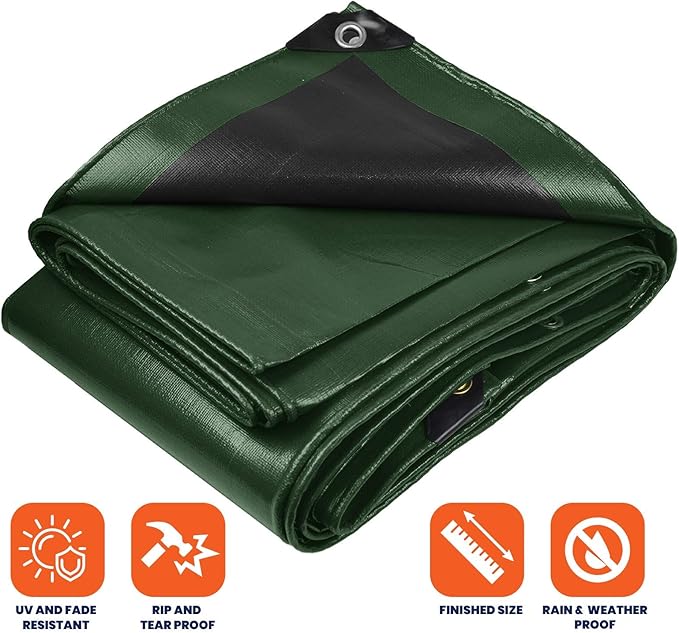 Tarpco Safety Extra Heavy Duty 14 Mil Tarp Cover, Waterproof, UV Resistant, Rip and Tear Proof, Poly Tarpaulin with Reinforced Edges for Roof, Camping, Patio, Pool, Boat (Green/Black 24′ X 24′)
