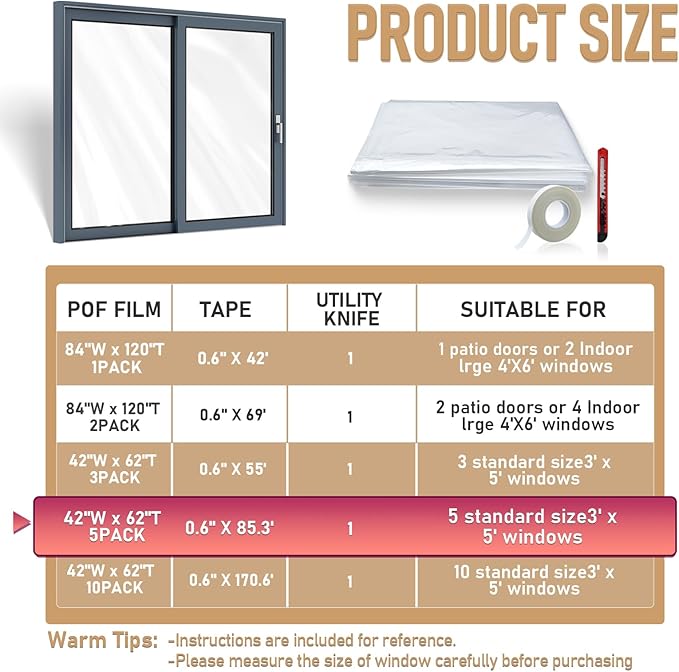 Window Insulation Kit for Winter,Plastic Shrink Film & Strong Tape, Indoor Thermal Seal to Block Drafts, Cold Air for Windows and Patio Doors,5-Pack(42"W x 62"T)