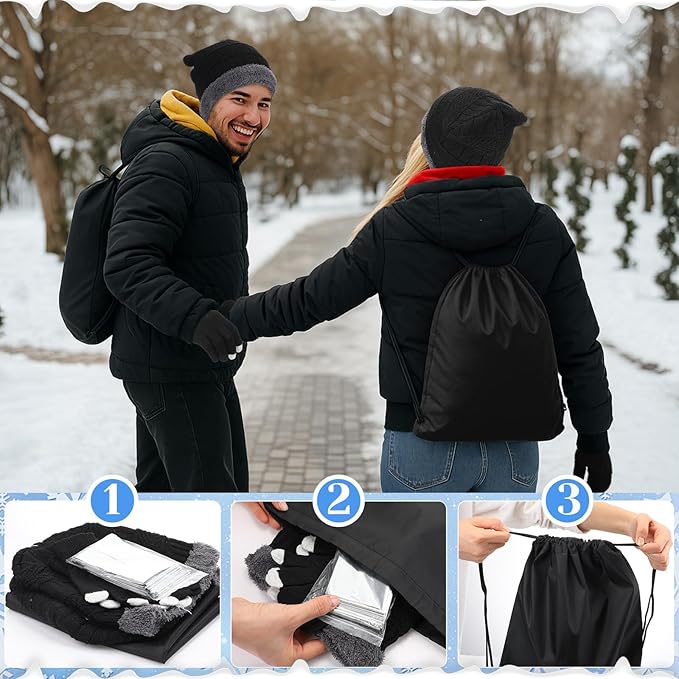 Geyoga 120 Pcs Charity Donation Homeless Care Supplies Bulk Winter Beanie Emergency Blanket Touchscreen Glove Drawstring Bags