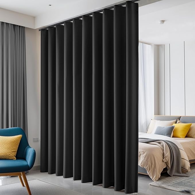 Room Divider Curtains Blackout Ceiling Track Curtain with Hook Wall Mount Sliding Door Curtains Ceiling Mount Extra Wide Curtain Wall Divider for Room Separation (Black, W100 x H84 Inch)