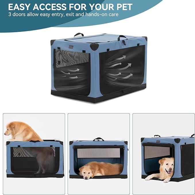 PETSFIT Portable Dog Crate, with Patented Adjustable Fabric Cover, Chewproof & Lockable Mesh Doors, Waterproof Base Collapsible Kennel Blue 36 Inch