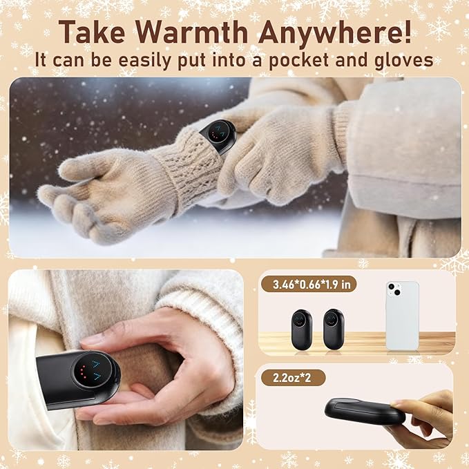 Hand Warmers Rechargeable 2 Pack, 10000mAh Electric Hand Warmers, Reusable Portable Pocket Heater, LED Display & 3 Levels, Gifts for Christmas, Outdoor, Golf, Travel, Hunting, Camping