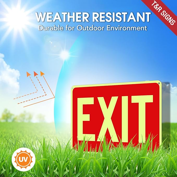T&R Large Exit Sign - 14 x 10 Inches Rust Free .040 Aluminum Glow-In-The-Dark - UV Protected, Waterproof and Fade Resistant - 4 Pre-drilled Holes