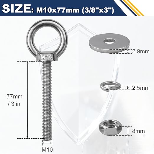 8 Pack M10 Stainless Steel Eye Bolts with Nuts, 3/8" x 3" Long Lifting Ring Eye Bolt， Eye Bolts Heavy Duty for Hang Tie Down Outdoor (8, M10x77mm (3/8"x3"))