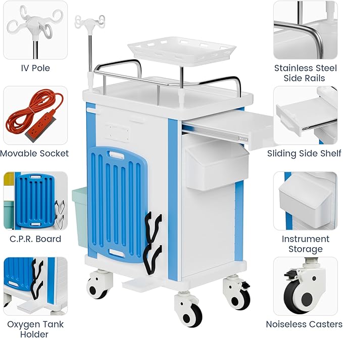 Medical Crash Cart with Emergency Accessory-CPR Board, IV Pole, O2 Holder, Trash Bin, 5 Drawers Nursing Cart with Dividers for Hospital, Clinic, Lab
