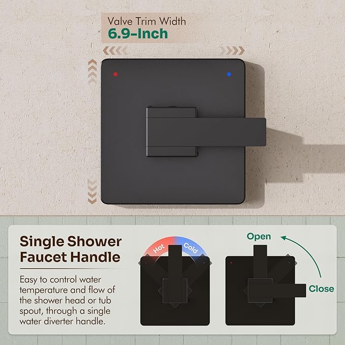 Replacement for Delta Faucet Shower Trim Kit 14 Series, Bathroom Shower Faucet Set with 6-Inch Matte Black Shower Head（Valve/Cartridge Not Included）