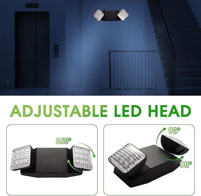 LED Black Emergency Light Emergency Light Combo Rectangular Adjustable Dual Heads UL Certified,Commercial Grade, Fire Resistant for Apartments Hotels Hospitals Offices GM6 (Black)