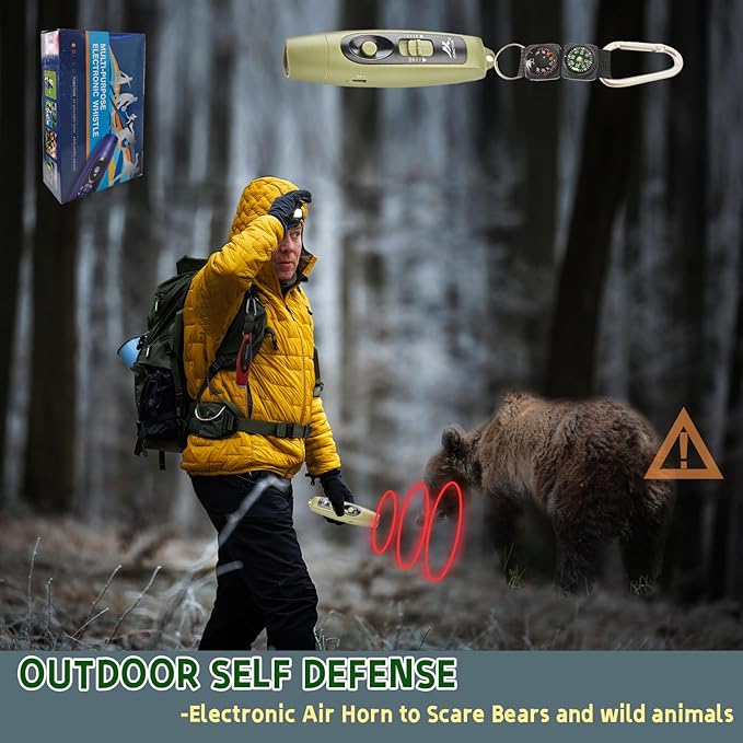 Rechargeable Bear Horn to Scare Bears, 125dB Electronic Air Horn with LED Flashlight & Compass & Thermometer, Electronic Whistle Bear Bells for Safety Hiking Camping Emergency Self Defense
