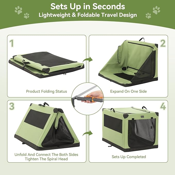 PETSFIT Collapsible Dog Crate, with Patented Adjustable Fabric Cover, Chewproof & Lockable Mesh Doors, Waterproof Base Soft Sided Kennel Green 40 Inch