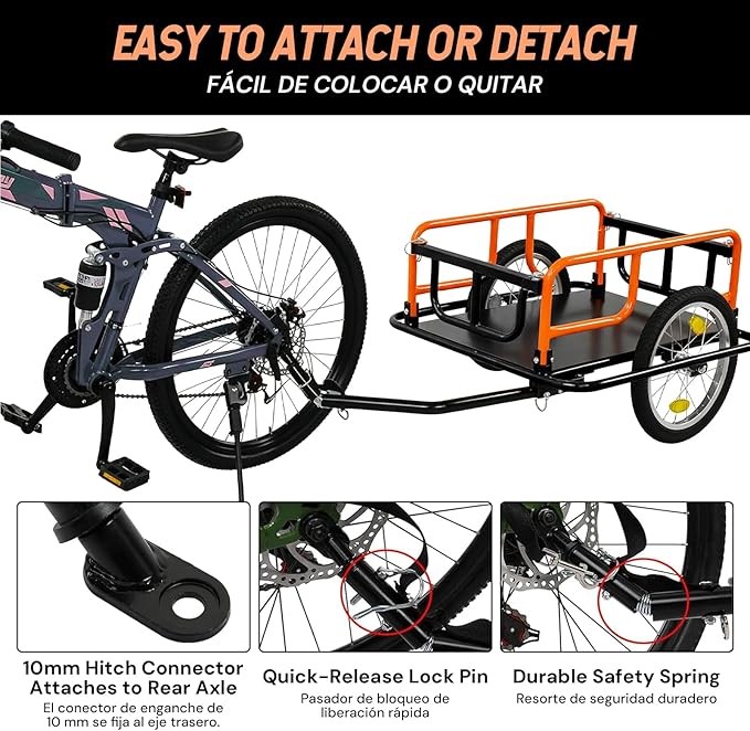 SEKAM Bike Cargo Trailer, 198 lbs Load Capacity, Foldable Bicycle Trailer with Reflectors & Universal Hitch, Heavy-Duty Utility Bike Cart for Camping & Shopping (Orange)