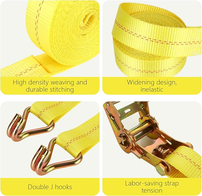 4 Pack 2 Inch Ratchet Straps Heavy Duty 16ft Tie Down Straps Ratchet with Double J Hook, 10000 LBS Break Strength, Cargo Ratchet Straps for Moving, Truck, Trailers, Motorcycles, Kayaks, Car Roof