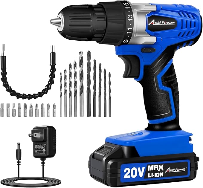 AVID POWER 20V MAX Lithium lon Cordless Drill Set, Power Drill Kit with Battery and Charger, 3/8-Inch Keyless Chuck, Variable Speed, 16 Position and 22pcs Bits (Blue)