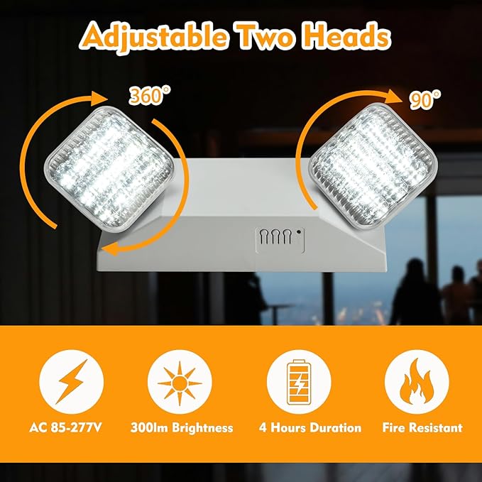 Plug in Emergency Lights for Business Home Power Failure 4Hours 300lm LED Commercial Emergency Light Fixtures with Battery Backup Rechargeable Adjustable Two Heads AC85-277V