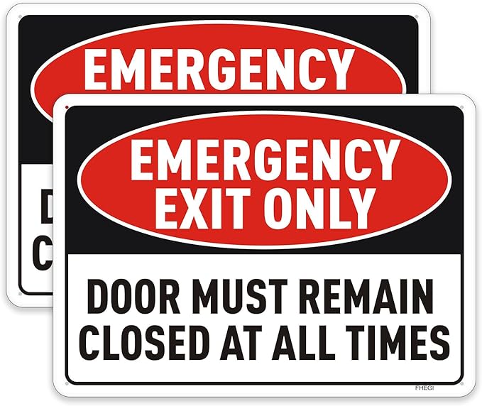 2PC Emergency Exit Only Sign, 10 x 7 Inches - Aluminum - Door Must Remain Closed At All Times Sign, Reflective Rust Free Aluminum, UV Protected, Weatherproof, Easy to Install