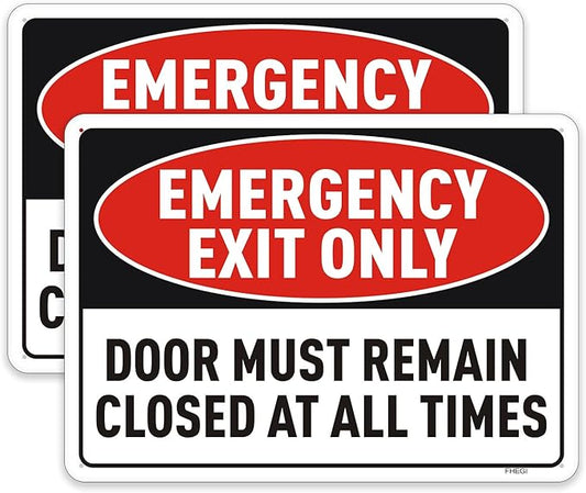 2PC Emergency Exit Only Sign, 10 x 7 Inches - Aluminum - Door Must Remain Closed At All Times Sign, Reflective Rust Free Aluminum, UV Protected, Weatherproof, Easy to Install