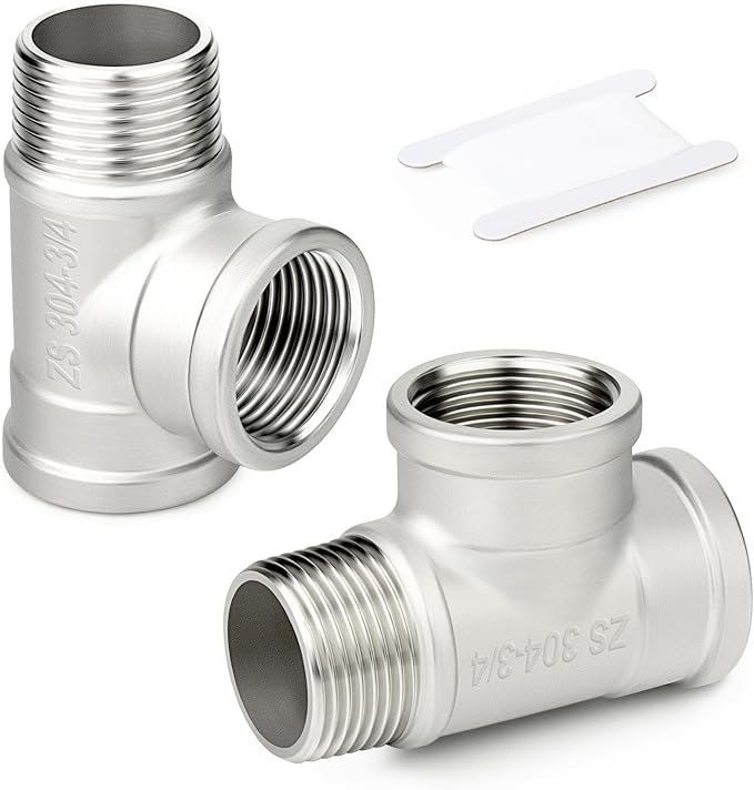 TAISHER 2PCS 304 Stainless Steel Tee Pipe Fittings, 3/4" NPT Female x 3/4" NPT Female x 3/4" NPT Male Pipe Fittings, Male Run Tee