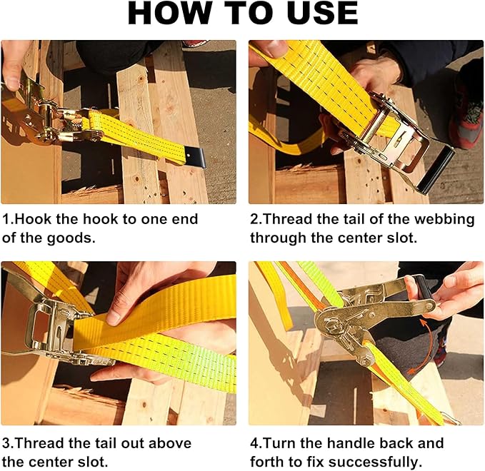 4Pack 2in 30ft Ratchet Strap Flat Hook Yellow Heavy Duty Flatbed Straps for Trailer Tie Down Straps Box Truck Accessories Cargo Loading 10000lbs Breaking Load