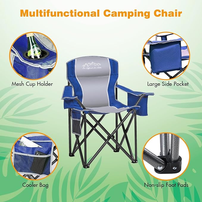 Folding Camping Chair Portable Outdoor Heavy Duty Padded Chairs Lawn Chair with Cup Holder, Storage Pocket and Cooler Bag, Supports 450LBS Blue