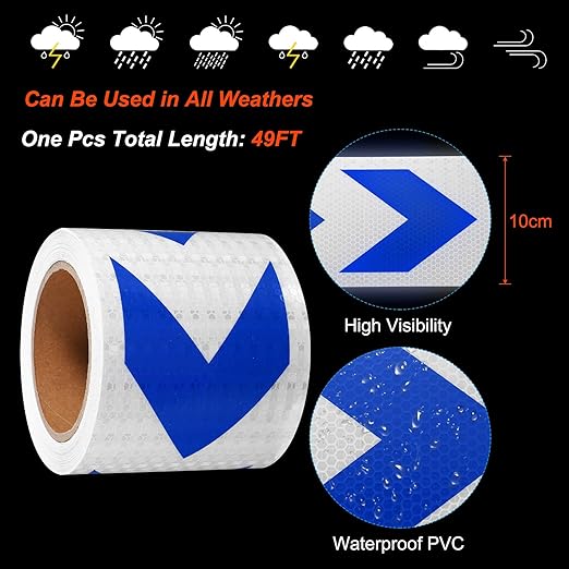 PATIKIL Reflective Tape, 4 Inch x 49 ft Waterproof Self Adhesive High Visibility Safety Warning Arrow Tape Outdoor Reflectors for Trucks Trailers Cars, White Blue