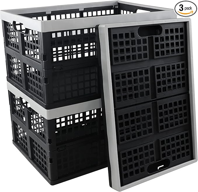 Jekiyo 42 L Collapsible Crates for Groceries, 3 Packs Large Folding Crate for Storage