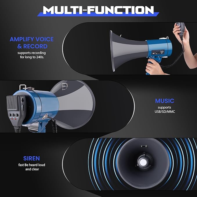 MyMealivos 50W Bluetooth Megaphone with Rechargeable Battery-Professional Bullhorn with Siren&240s Recording Supports USB/SD/3.5mm Aux-1600ft Range for Sports Police Emergency Outdoor Activities
