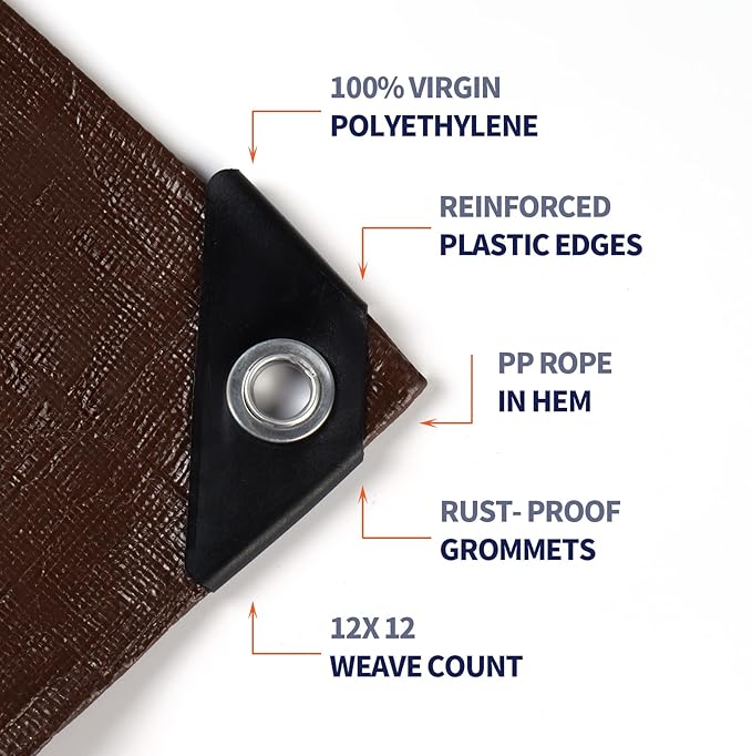 [10'X10'] RSW Heavy Duty Waterproof 12 Mil Safety Reversible Tarp Cover, UV Resistant, Rip and Tear Proof Tarpaulin with Reinforced Edges - for Roof, Camping, Patio, Pool Cover, Boat (Brown/Silver)
