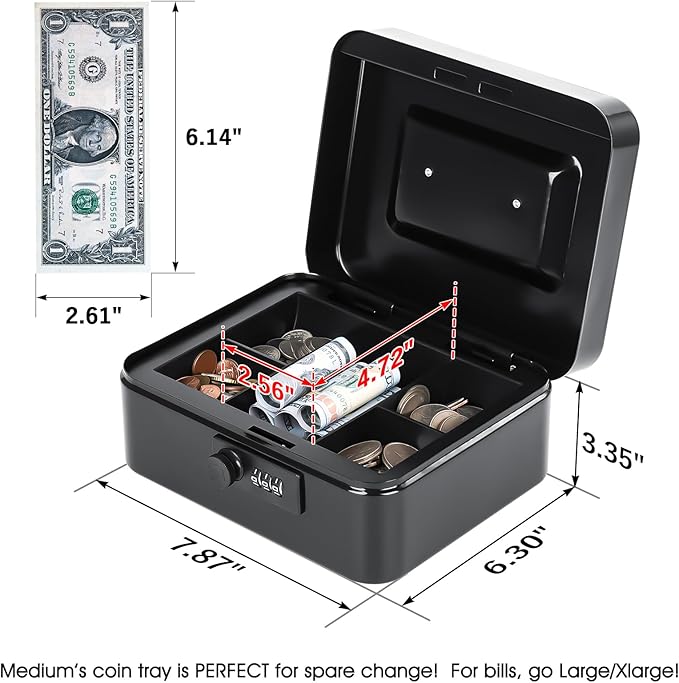KYODOLED Metal Cash Box with Combination Lock & Money Tray - Secure Safe for Home, Office & Events, Ideal for Cash, Meds & Small Items, 7.87" x 6.30" x 3.35", Black, 4PACK