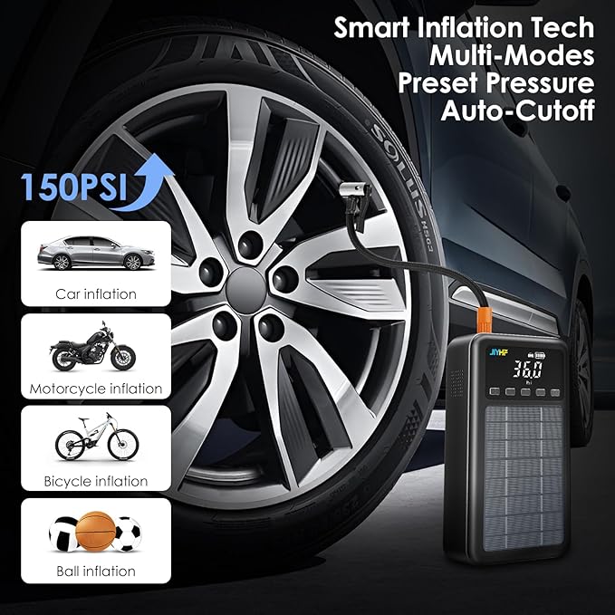 JIYHF 3000A Jump Starter with Air Compressor 150PSI Tire Inflator-12V Battery 8.0L Gasoline and 6.0L Diesel Engines, Portable Car Battery Jump Starter with Solar Panel and PD 45W Fast Charge (Gray)